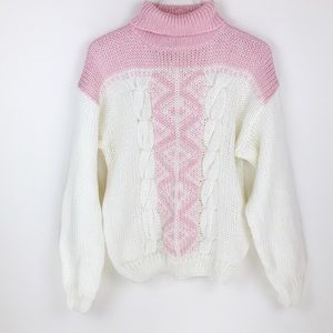 Vintage Country Suburbans Hand Knit Cable Turtleneck Sweater Pink White XL